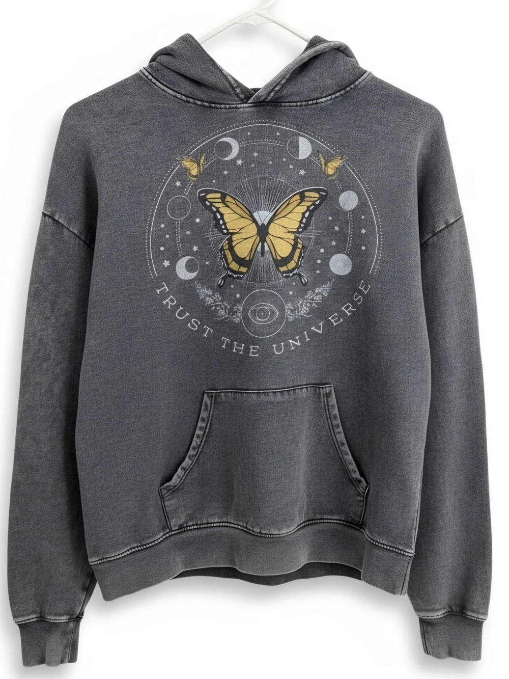 Women’s Charcoal Hoodie with Yellow Butterfly Graphic - Trust The Universe